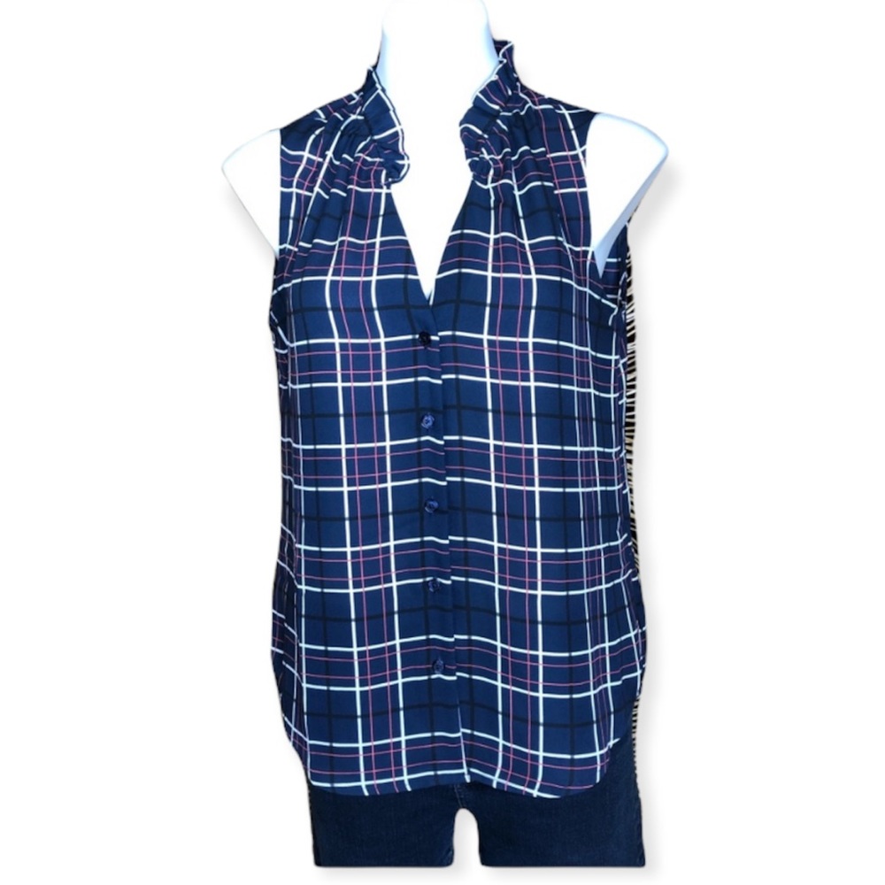 3/$20 BANANA REPUBLIC FACTORY Plaid Striped Sleeveless Ruffle Neck Top Small